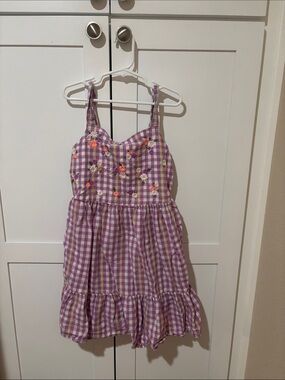 Girls' Purple Gingham Embroidered Sundress